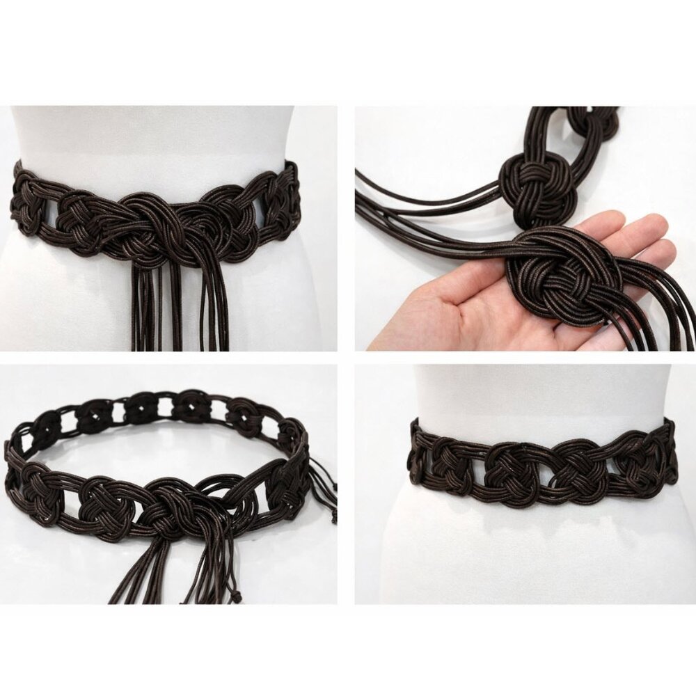 Brown Braided Boho Waist Belt Woven Knot Tie Wide Statement Adjustable